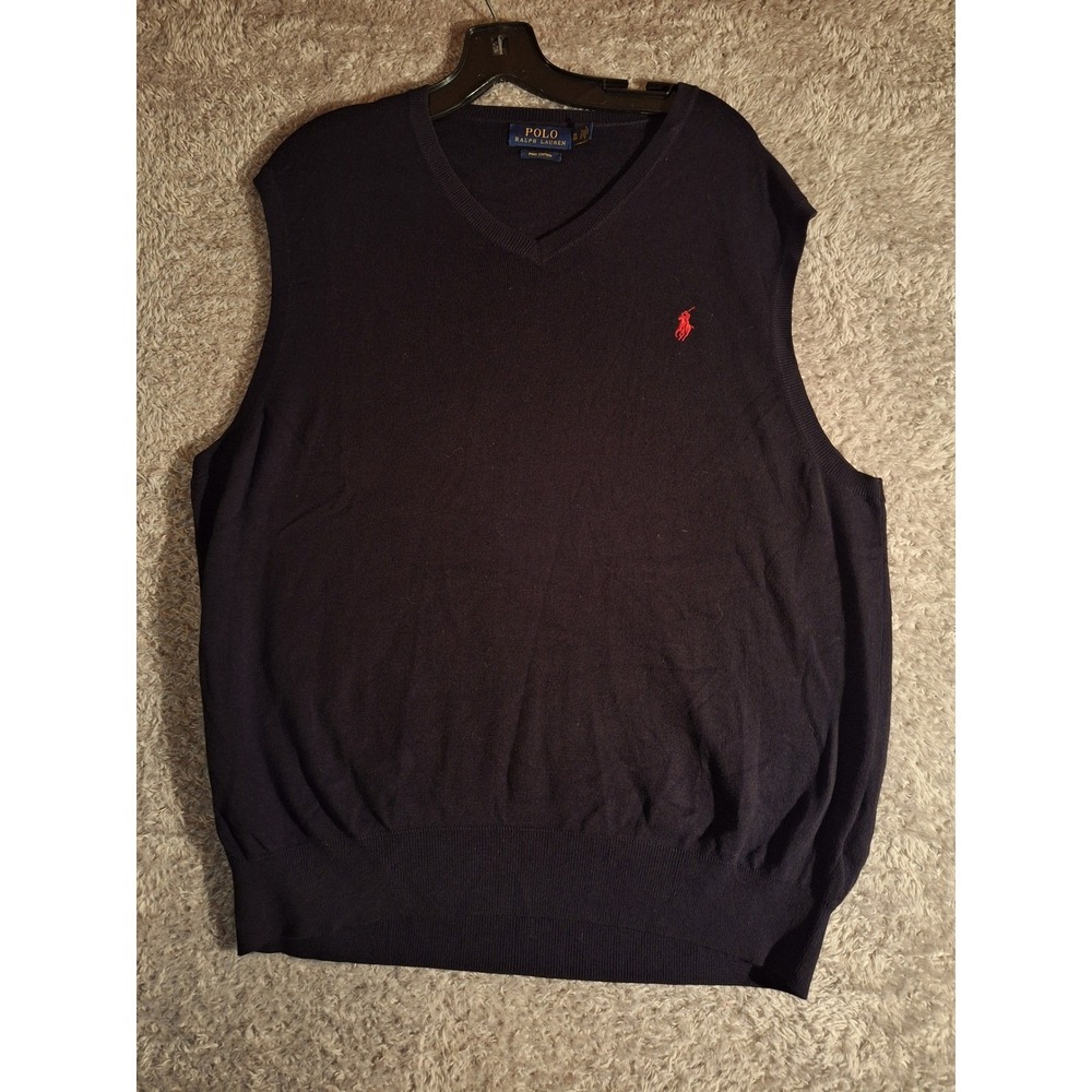 Polo Ralph Lauren Navy Blue Pima Cotton V-Neck Sweater Vest XL Red Pony Logo